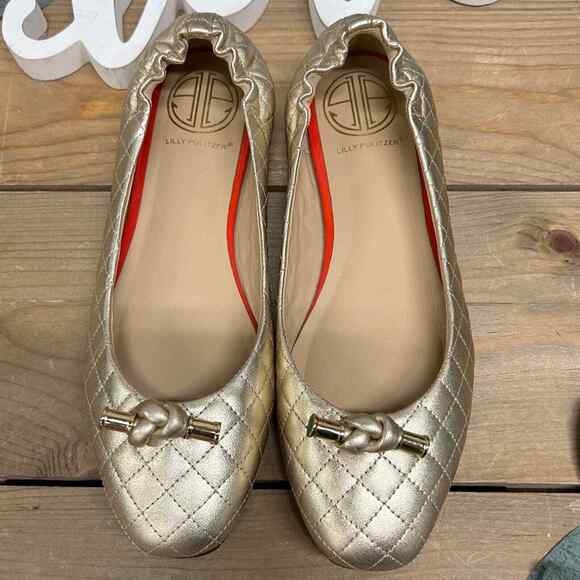 Lilly Pulitzer Quilted Just Another Ballet Ballerina Gold Knot Shoes Flats Sz 7 - Picture 2 of 10